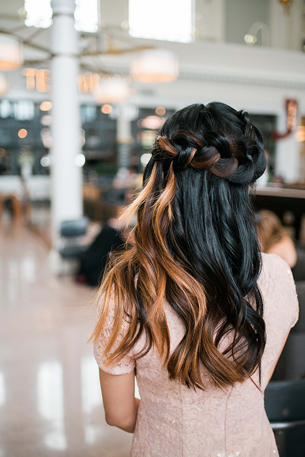 Asian Amercian bride in Union Station with half up half down bridal hairstyle by Beauty on Location Studio of Denver, Colorado